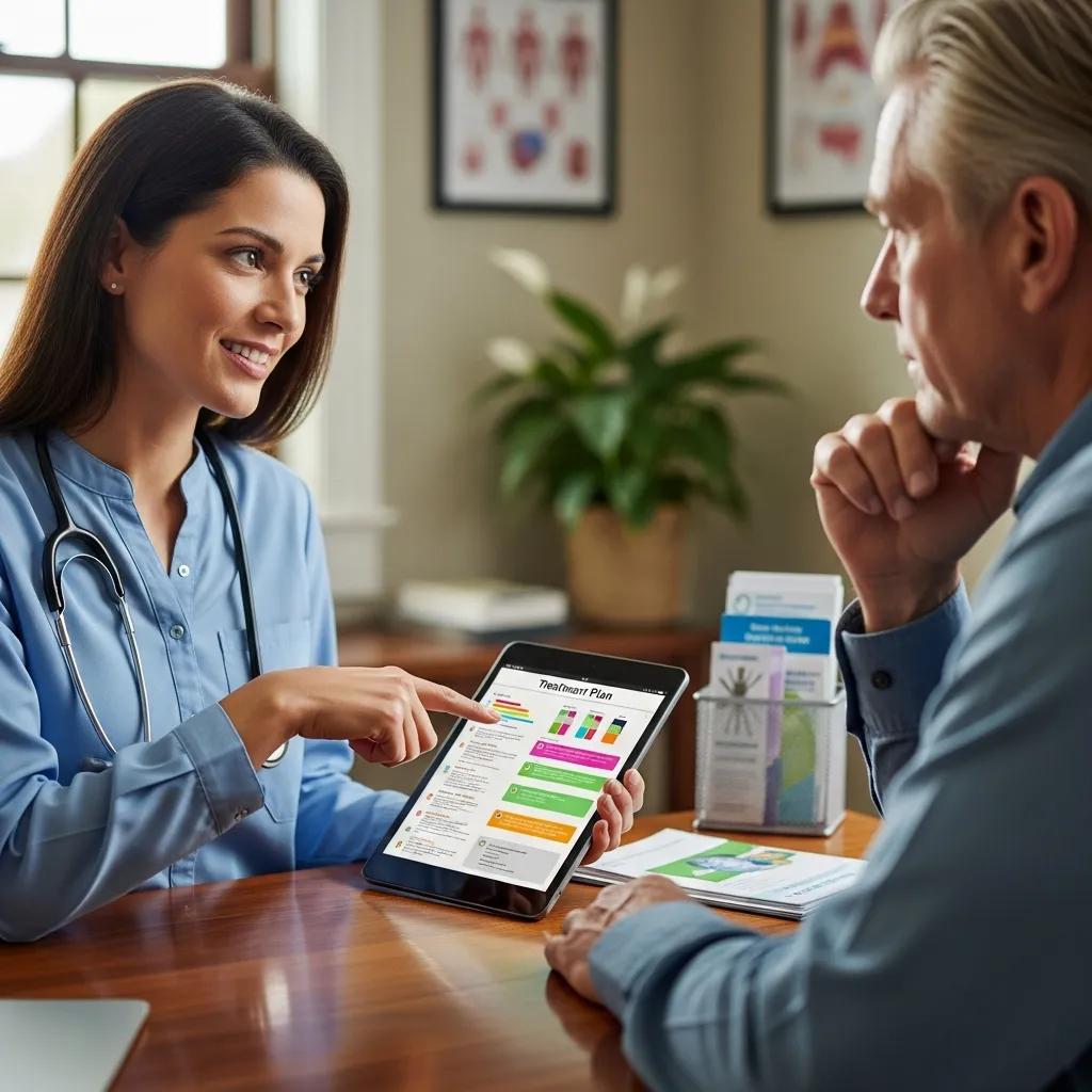 Clinician and patient reviewing a personalised spine treatment plan in consultation