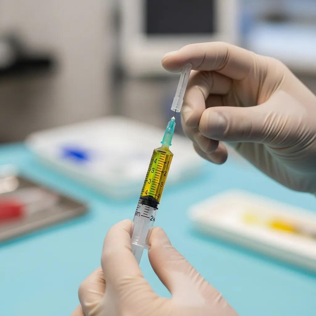 Clinician preparing a platelet‑rich plasma injection in a clinical setting