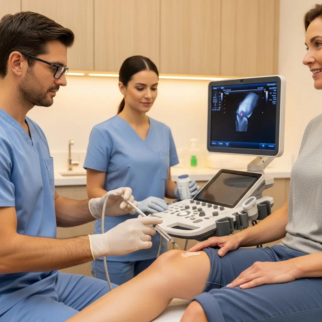 Patient receiving a non‑surgical regenerative knee treatment in a clinical setting at RRMG