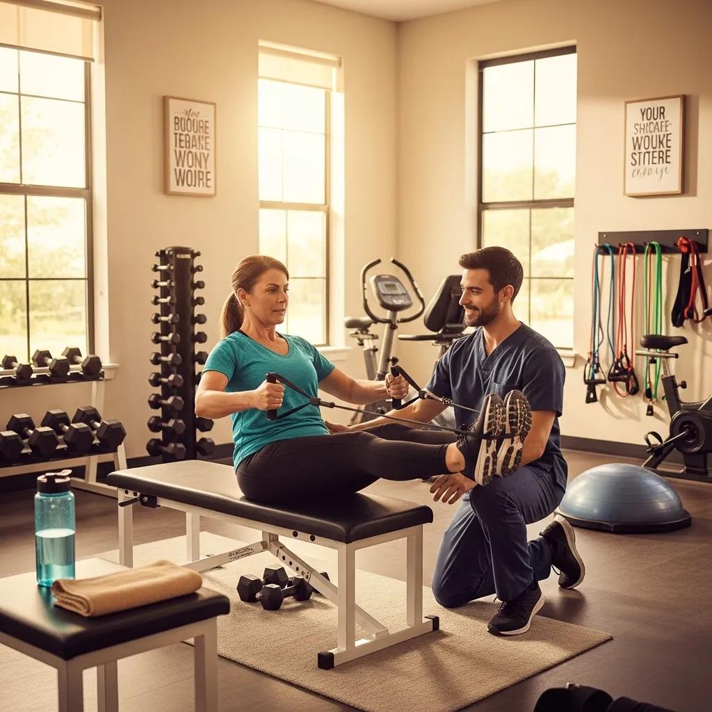 Patient working with a physiotherapist on rehabilitation exercises in a clinic