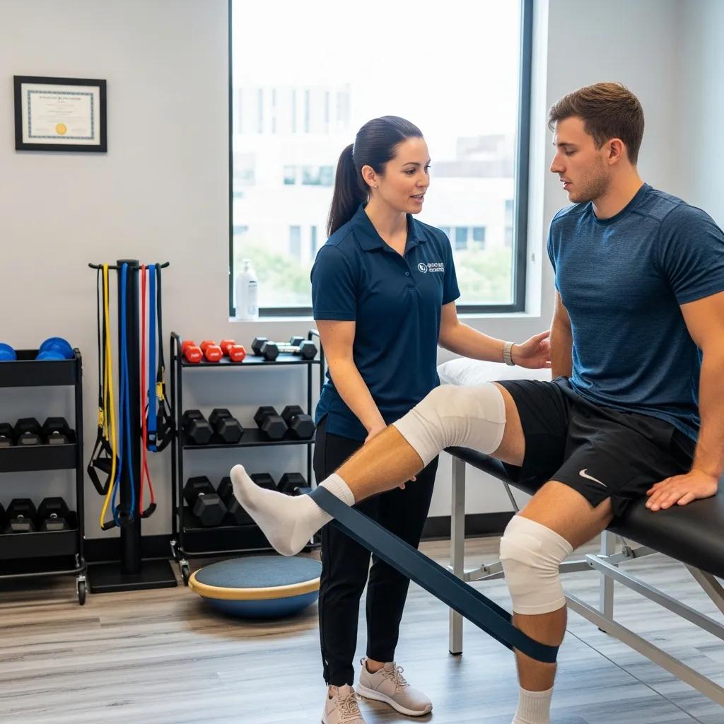 Physiotherapist assisting an athlete during tendon and ligament rehabilitation
