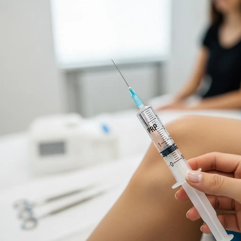 Syringe of processed PRP ready for injection beside a patient’s knee