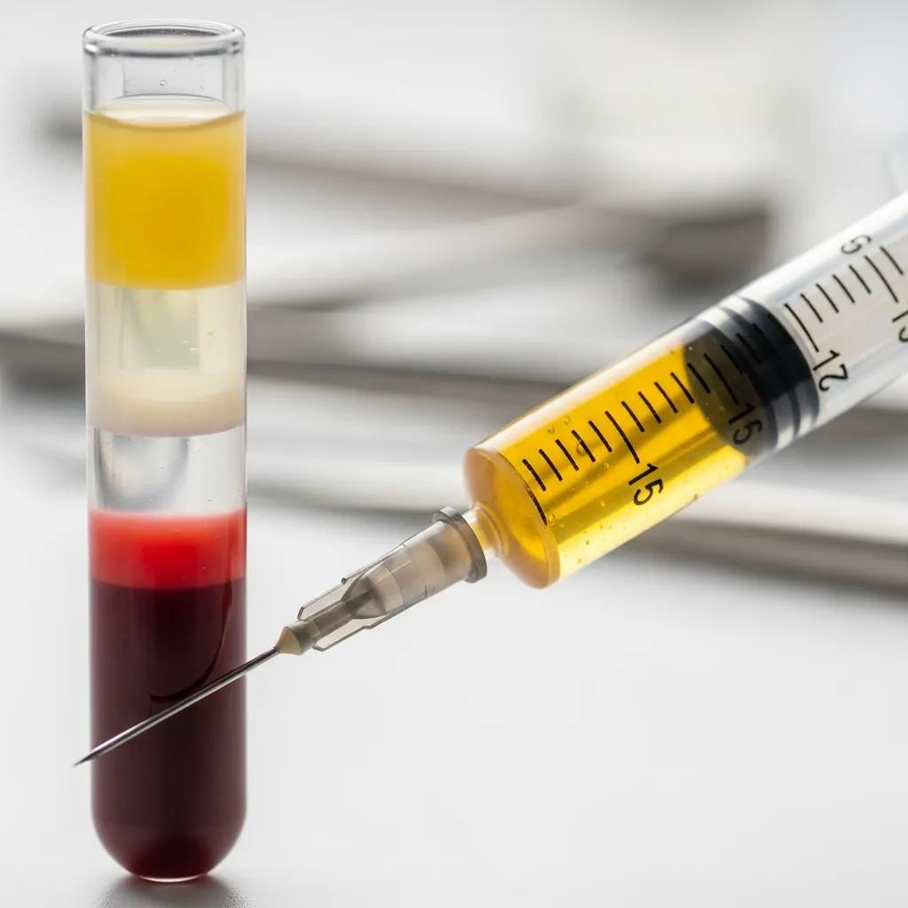 Syringe with PRP solution and a labeled blood collection tube showing the PRP preparation process