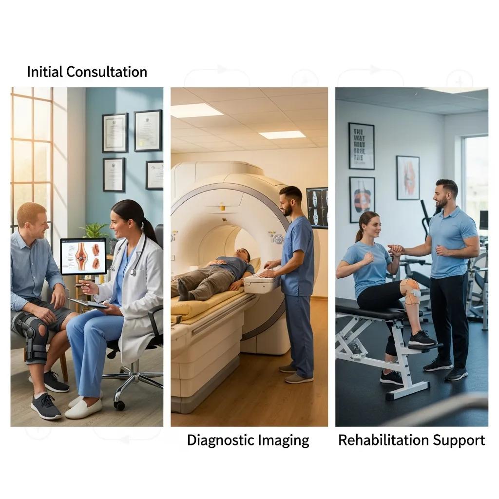 Illustration of the RRMG patient journey for non‑surgical knee care, from consultation through rehab
