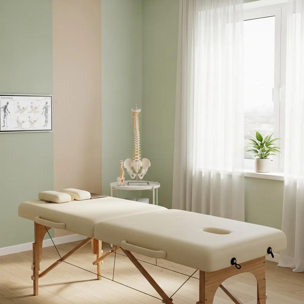 Welcoming medical office for back pain relief with treatment room and spine model