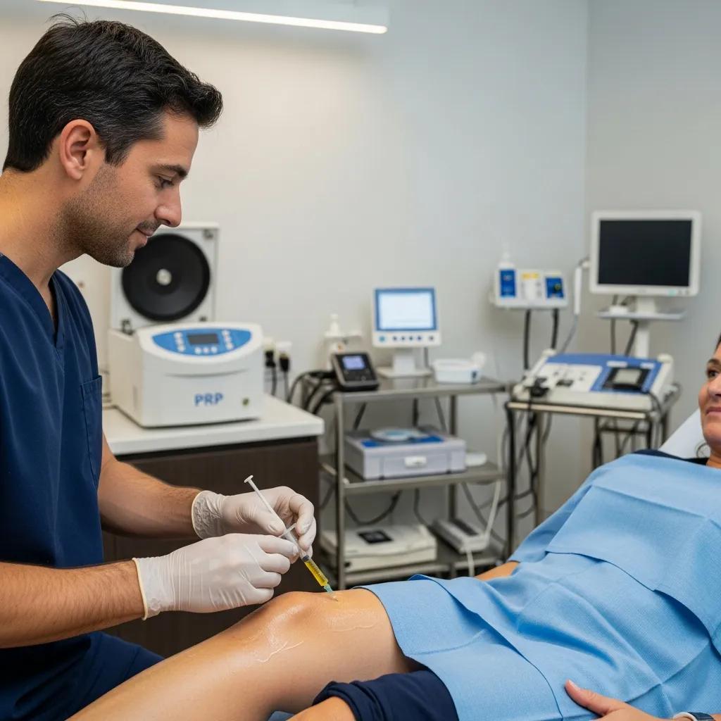 Clinician preparing Platelet‑Rich Plasma (PRP) for a knee injection