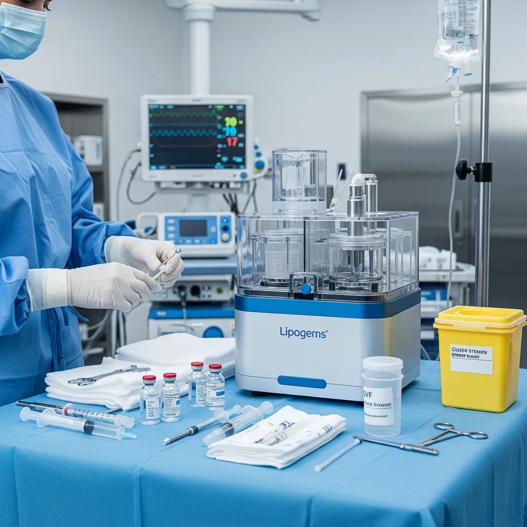 Clinician preparing adipose‑derived cell therapy (Lipogems) in a sterile treatment room