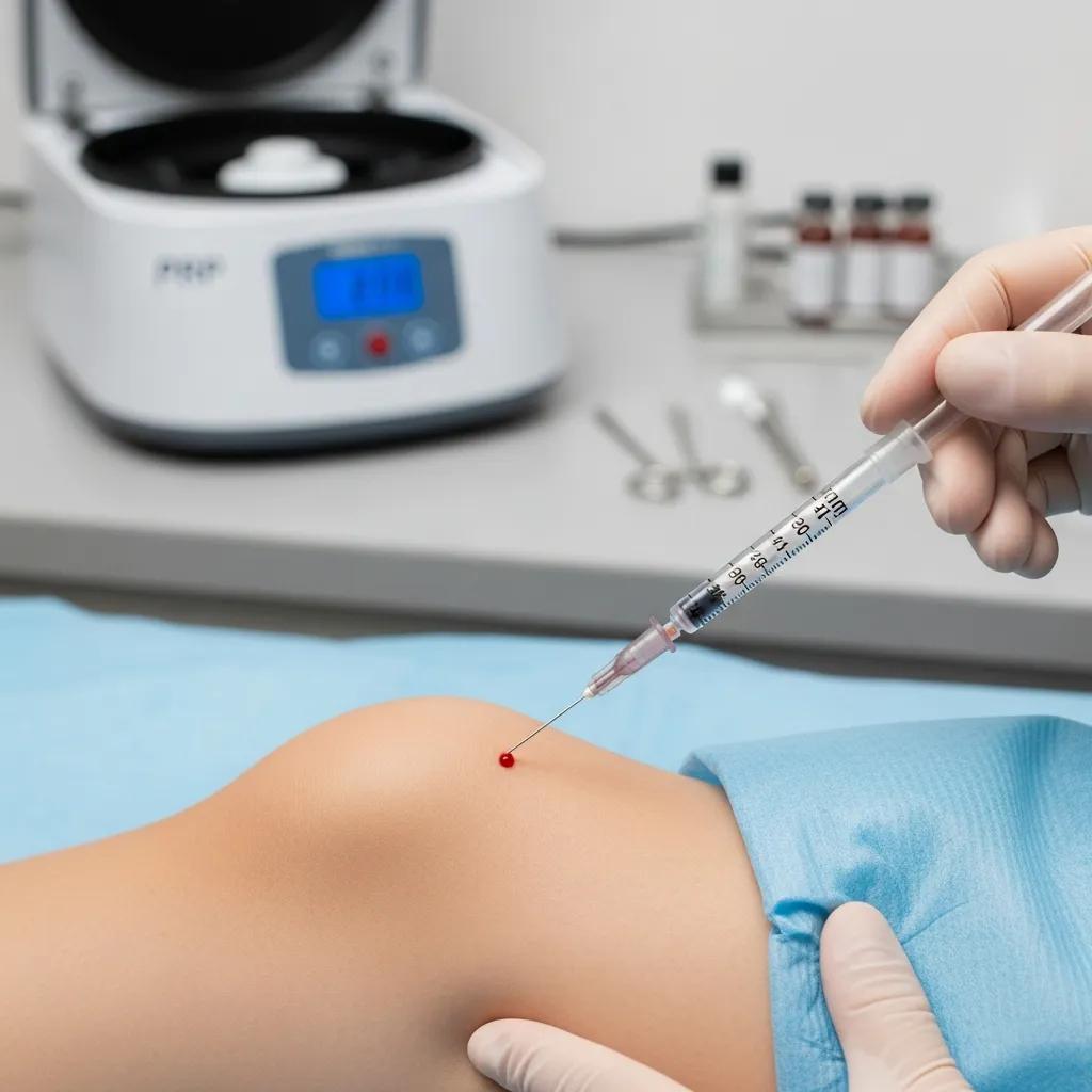 A patient receiving a PRP injection to a tendon under clinician supervision