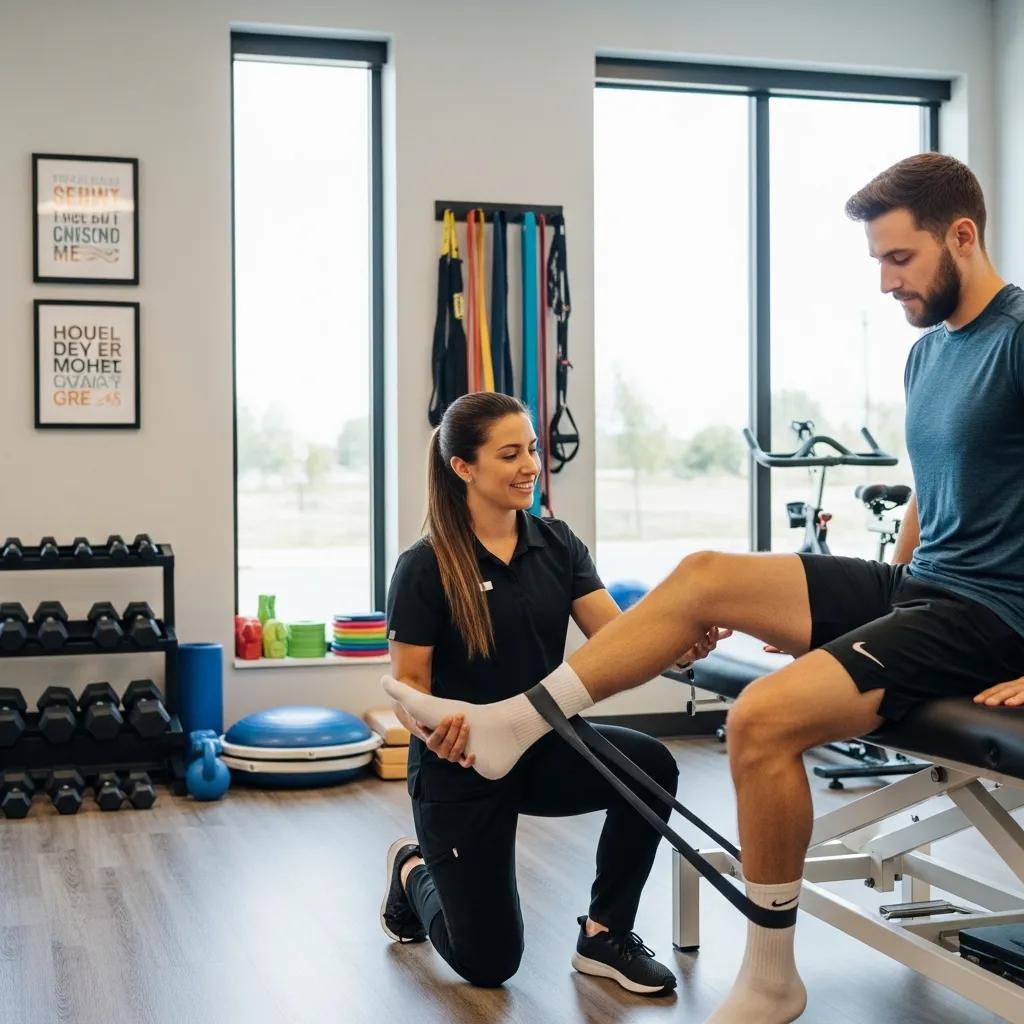 A physical therapist guiding a patient through controlled ankle rehab exercises