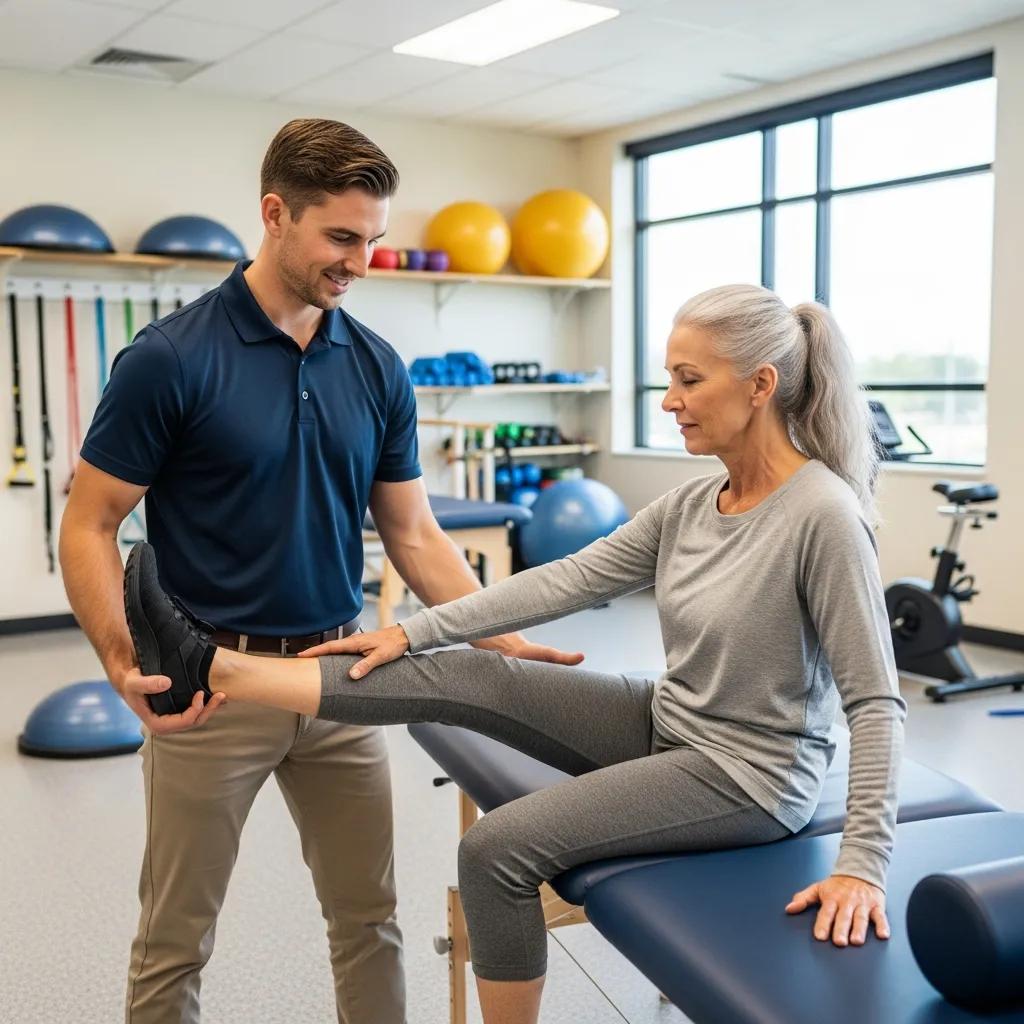 Physiotherapist guiding a patient through knee rehabilitation exercises